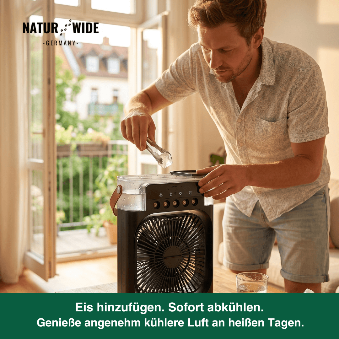 USB Luftkühler-Ventilator | 3-in-1 mit Luftbefeuchter & 7-Farben-LED | 3 Windstufen, 3 Sprühstufen, USB-Betrieb 4