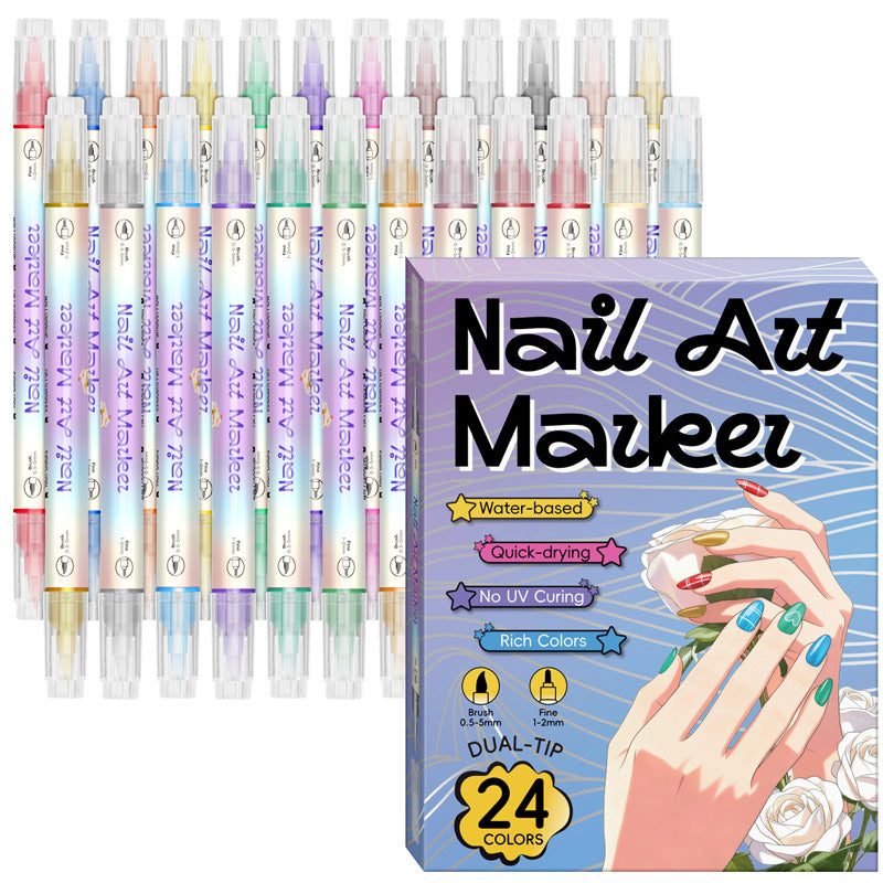 Nagelkunst-Marker-Set | Doppelseitig mit Pinsel | Wasserbasiert, Schnelltrocknend | TipDuo