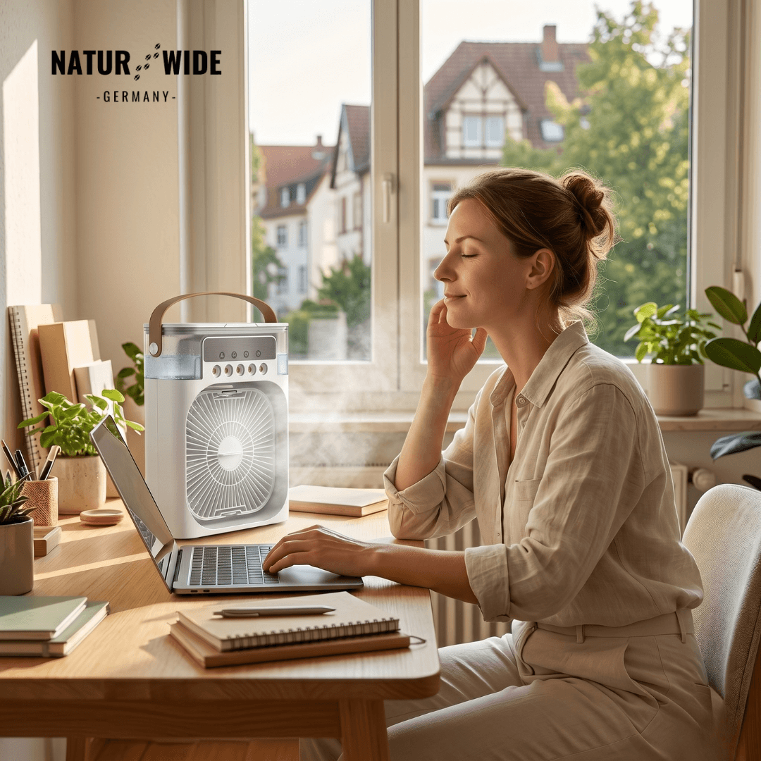 USB Luftkühler-Ventilator | 3-in-1 mit Luftbefeuchter & 7-Farben-LED | 3 Windstufen, 3 Sprühstufen, USB-Betrieb 12