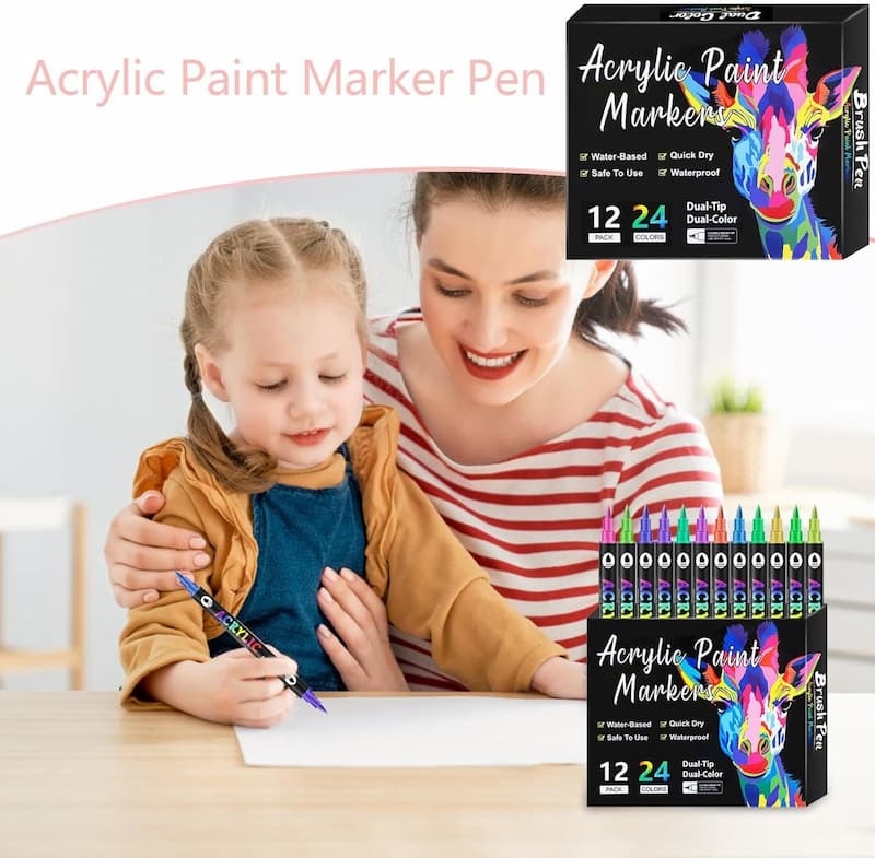 Acrylmarker Doppelspitze, 12/24/36 Stifte | 24-72 Farben inkl. Metallic-Töne | Für Glas, Stoff, Holz, Stein & Leder 2