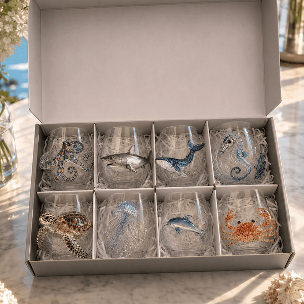 Artisanat animalier océanique en 3D | Verre à boire orné de créatures marines | Élément décoratif maritime | OceanCraft