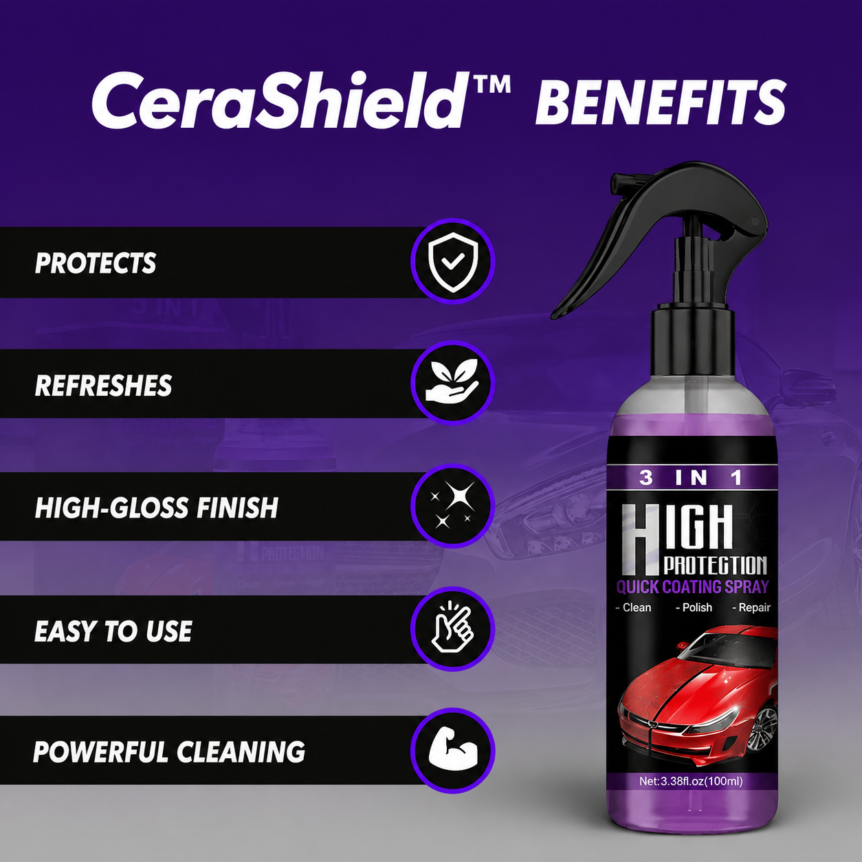 3-i-1 keramisk belægning | Auto Spray 3-i-1 | Rens Poler Beskyttelseslag | CeraShield