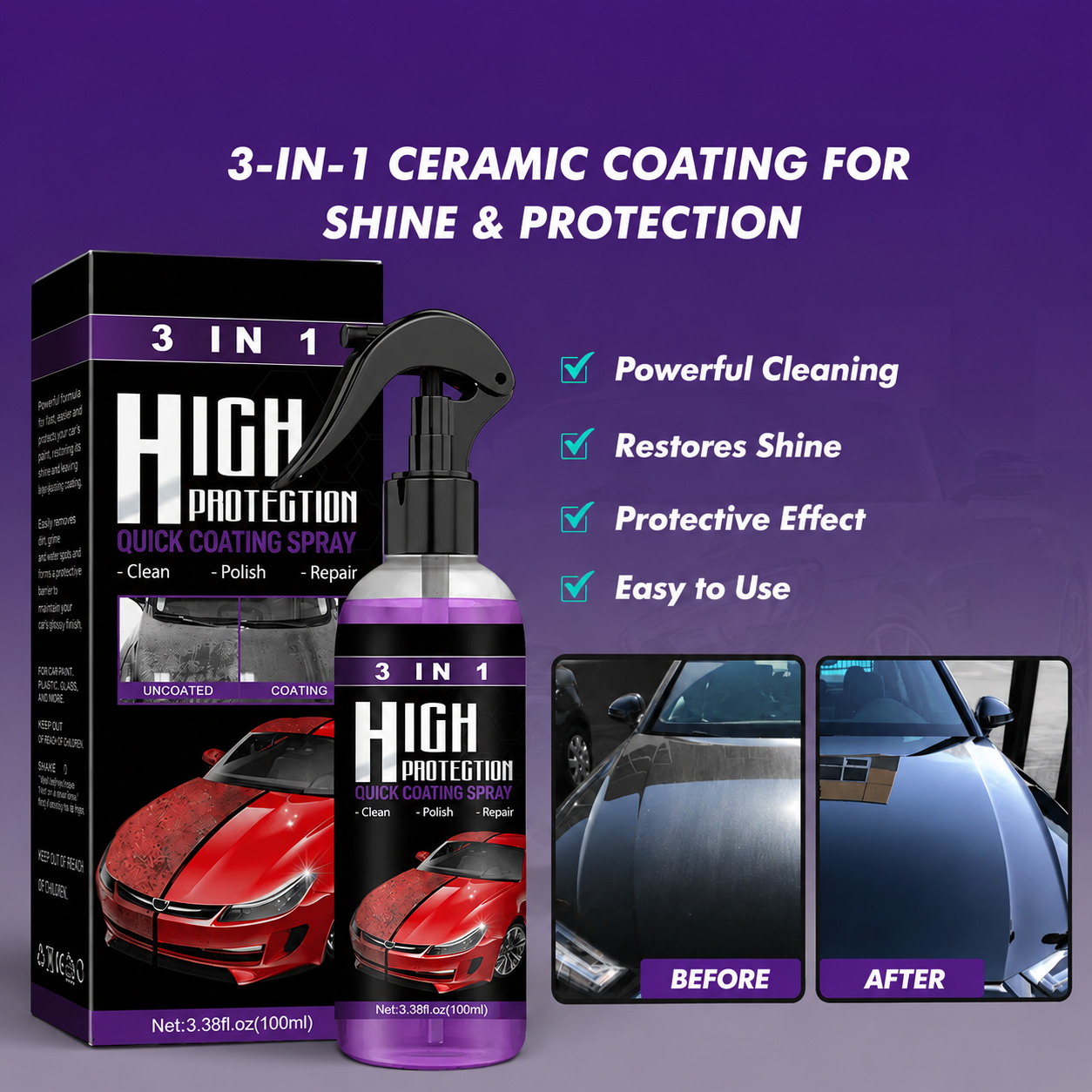 3-i-1 keramisk belægning | Auto Spray 3-i-1 | Rens Poler Beskyttelseslag | CeraShield