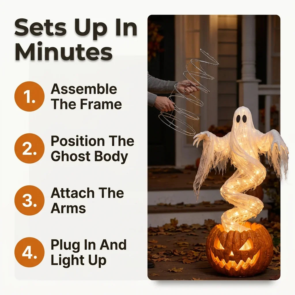 Beleuchtete Geisterfigur mit Kürbis Halloween | Warmweißes Licht im Spiralrahmen | Deko für Eingang und Garten 3