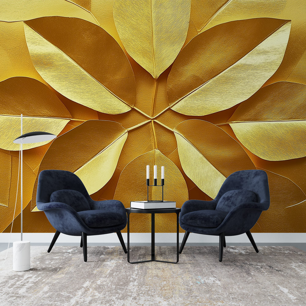 3D Blumentapete Goldene Blätter | Art Deco Muster, Klassisch oder Selbstklebend | Metallic-Optik mit Tiefenwirkung