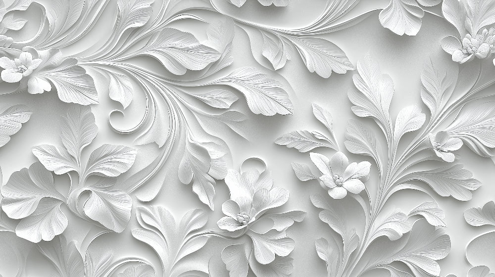 3D Blumentapete Reliefstruktur | Weißes Botanisches Blatt- und Blütenmuster | Klassisch oder Selbstklebend erhältlich