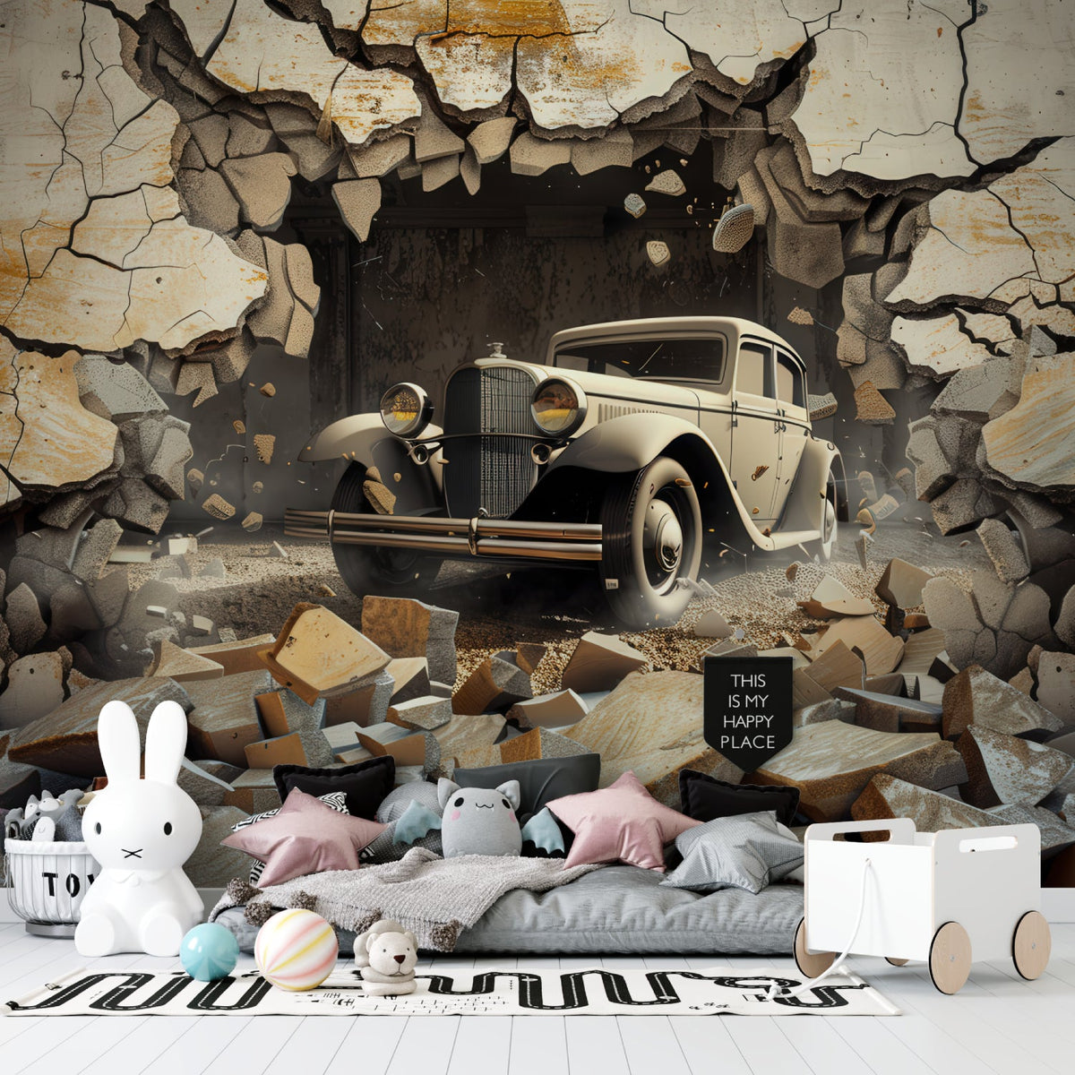 3D Fototapete Auto Wanddurchbruch | Vintage Oldtimer Motiv mit Ziegelwand-Optik | Selbstklebend oder Klassisch erhältlich