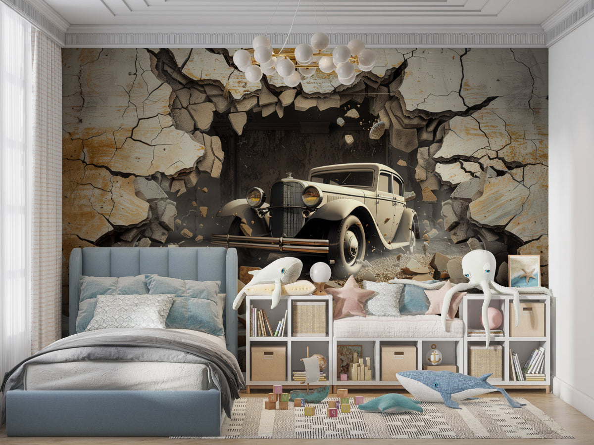 3D Fototapete Auto Wanddurchbruch | Vintage Oldtimer Motiv mit Ziegelwand-Optik | Selbstklebend oder Klassisch erhältlich