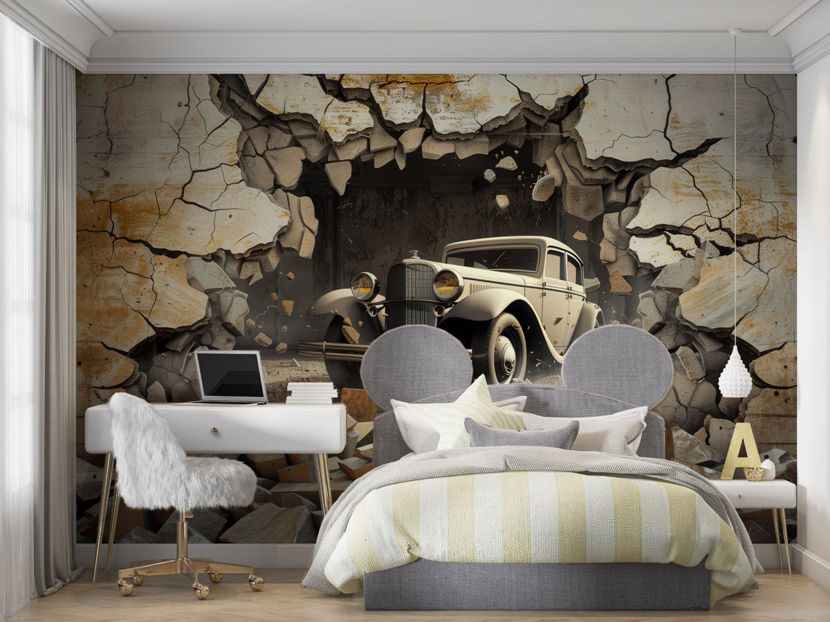 3D Fototapete Auto Wanddurchbruch | Vintage Oldtimer Motiv mit Ziegelwand-Optik | Selbstklebend oder Klassisch erhältlich