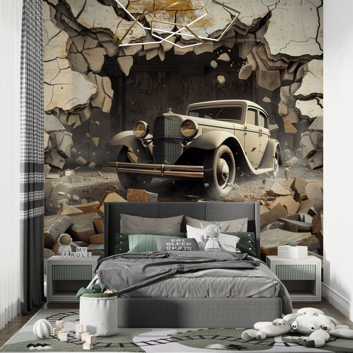 3D Fototapete Auto Wanddurchbruch | Vintage Oldtimer Motiv mit Ziegelwand-Optik | Selbstklebend oder Klassisch erhältlich