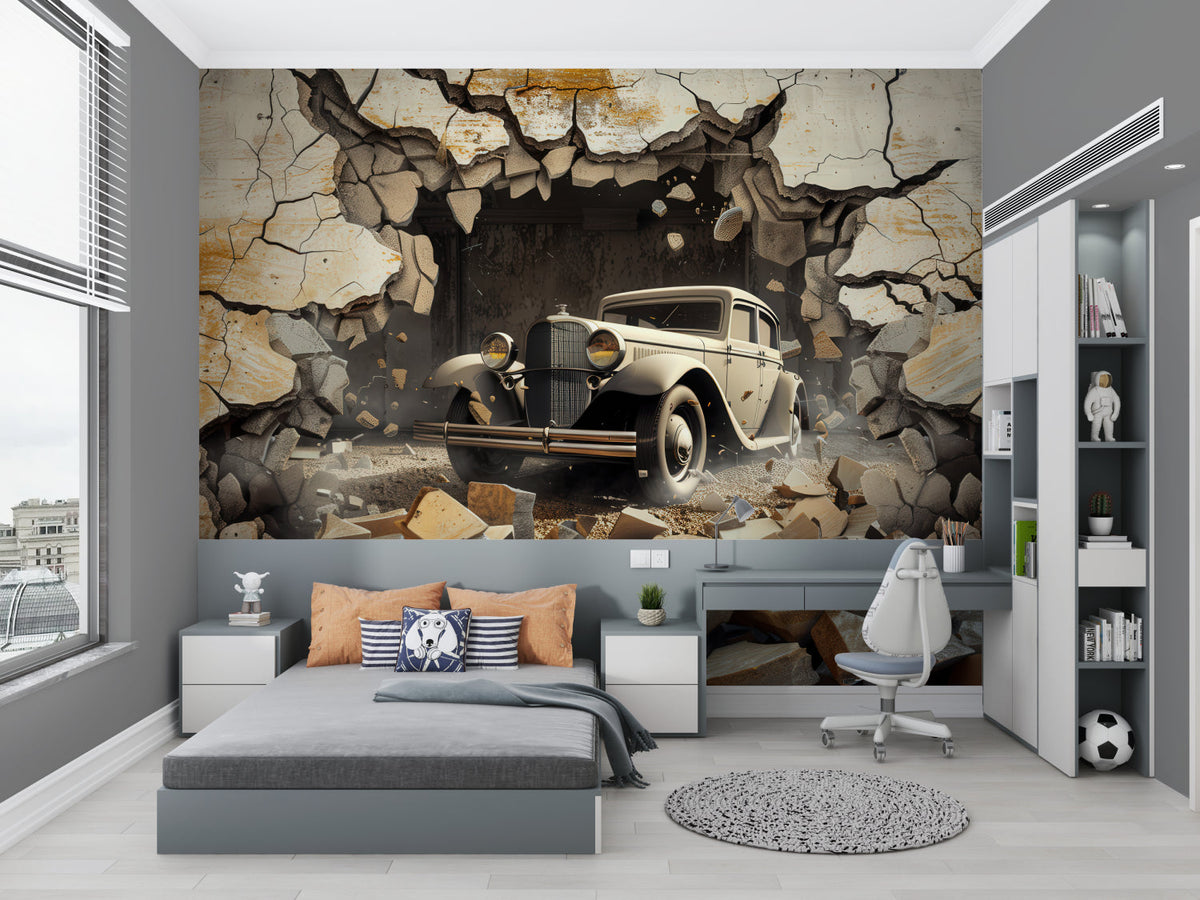 3D Fototapete Auto Wanddurchbruch | Vintage Oldtimer Motiv mit Ziegelwand-Optik | Selbstklebend oder Klassisch erhältlich