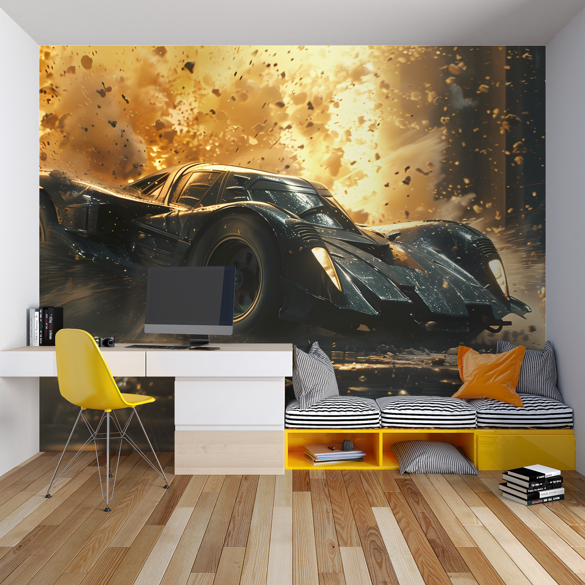 3D Fototapete Auto Wanddurchbruch | Vintage Oldtimer in Türkis, Industrial-Look | Als Vlies oder Selbstklebend erhältlich