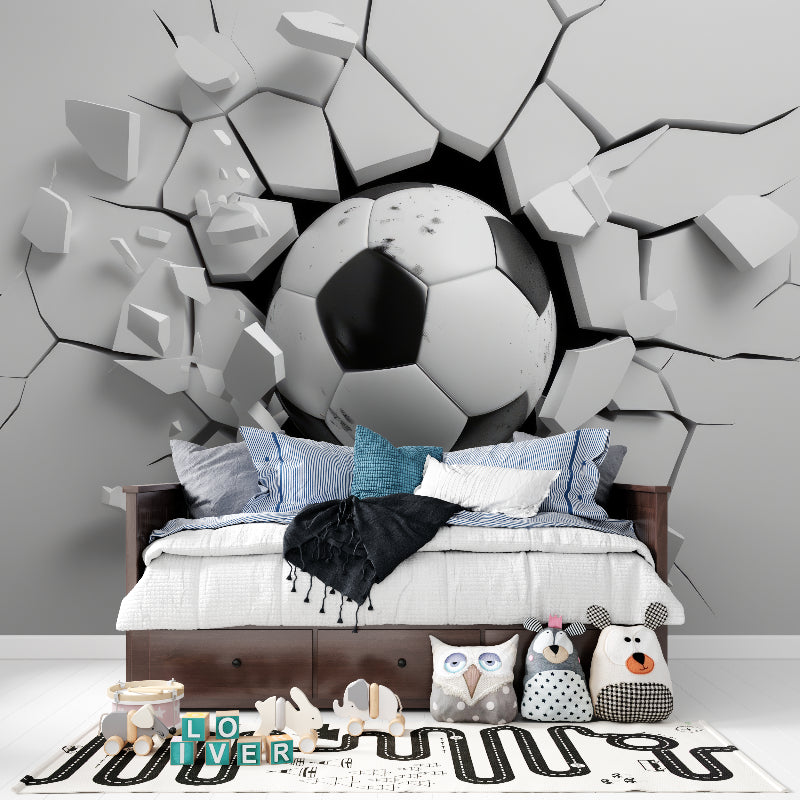 3D Fußball Fototapete | Durchbrechende Wand-Optik in Schwarz-Weiß | Ideal für Kinderzimmer, Jugendzimmer und Fanräume