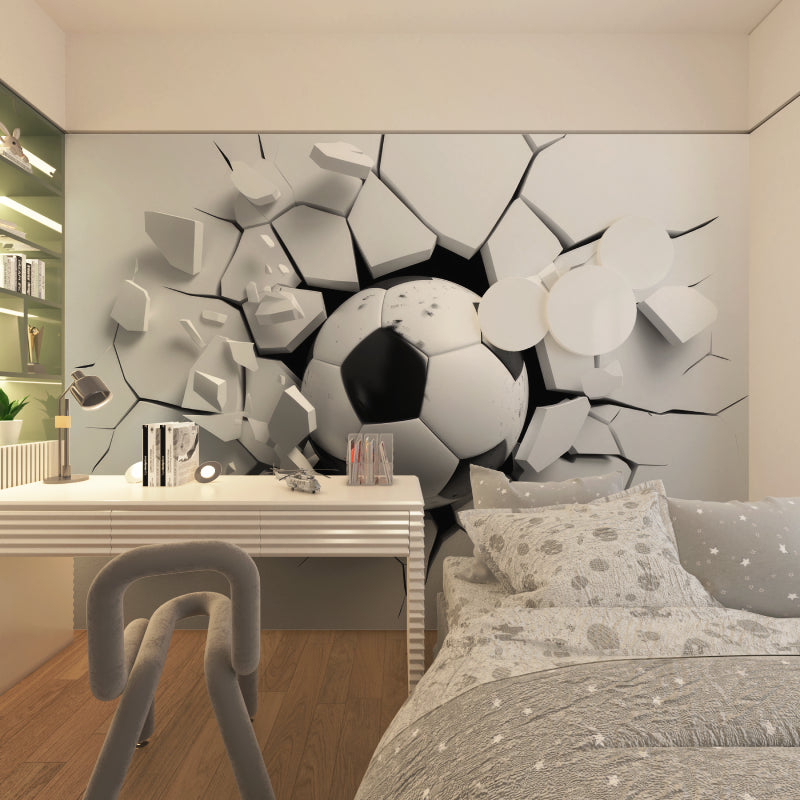 3D Fußball Fototapete | Durchbrechende Wand-Optik in Schwarz-Weiß | Ideal für Kinderzimmer, Jugendzimmer und Fanräume