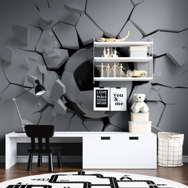 3D Fußball Fototapete | Durchbrechende Wand-Optik in Schwarz-Weiß | Ideal für Kinderzimmer, Jugendzimmer und Fanräume