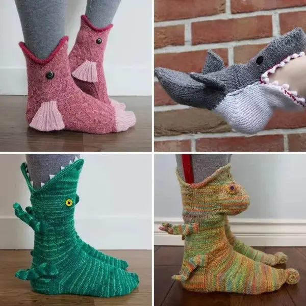 3D Strick Socken mit Tiermotiv | Krokodil, Hai, Fuchs & mehr Designs | Weich, Bequem und Ideal für den Alltag oder als Geschenk
