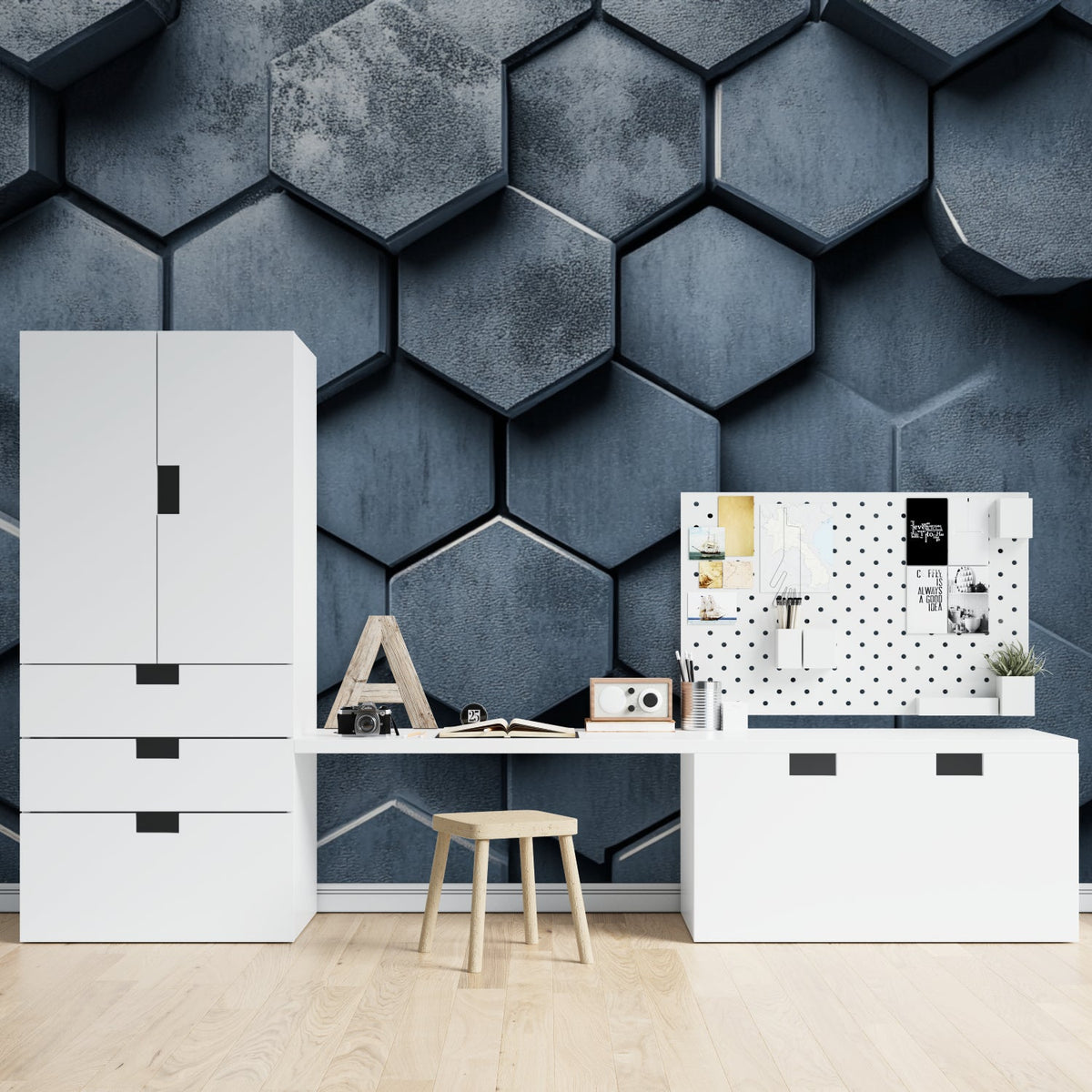 Teen bedroom wall with 3D honeycomb pattern mural in sophisticated metallic finish