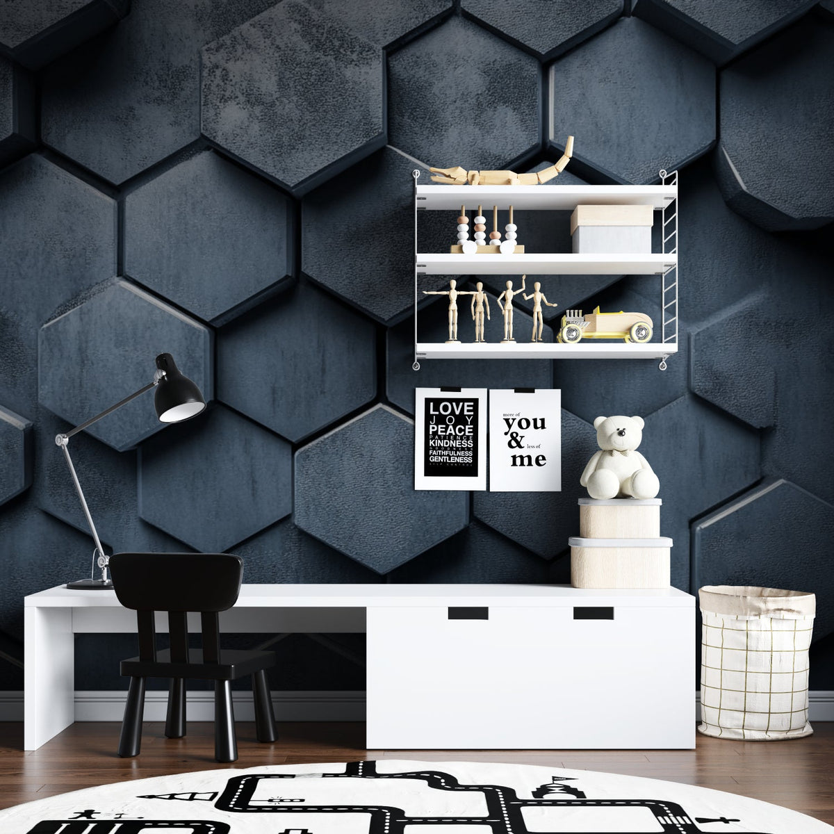 Modern home office featuring 3D Geometric Wallpaper with metallic honeycomb pattern creating depth and dimension