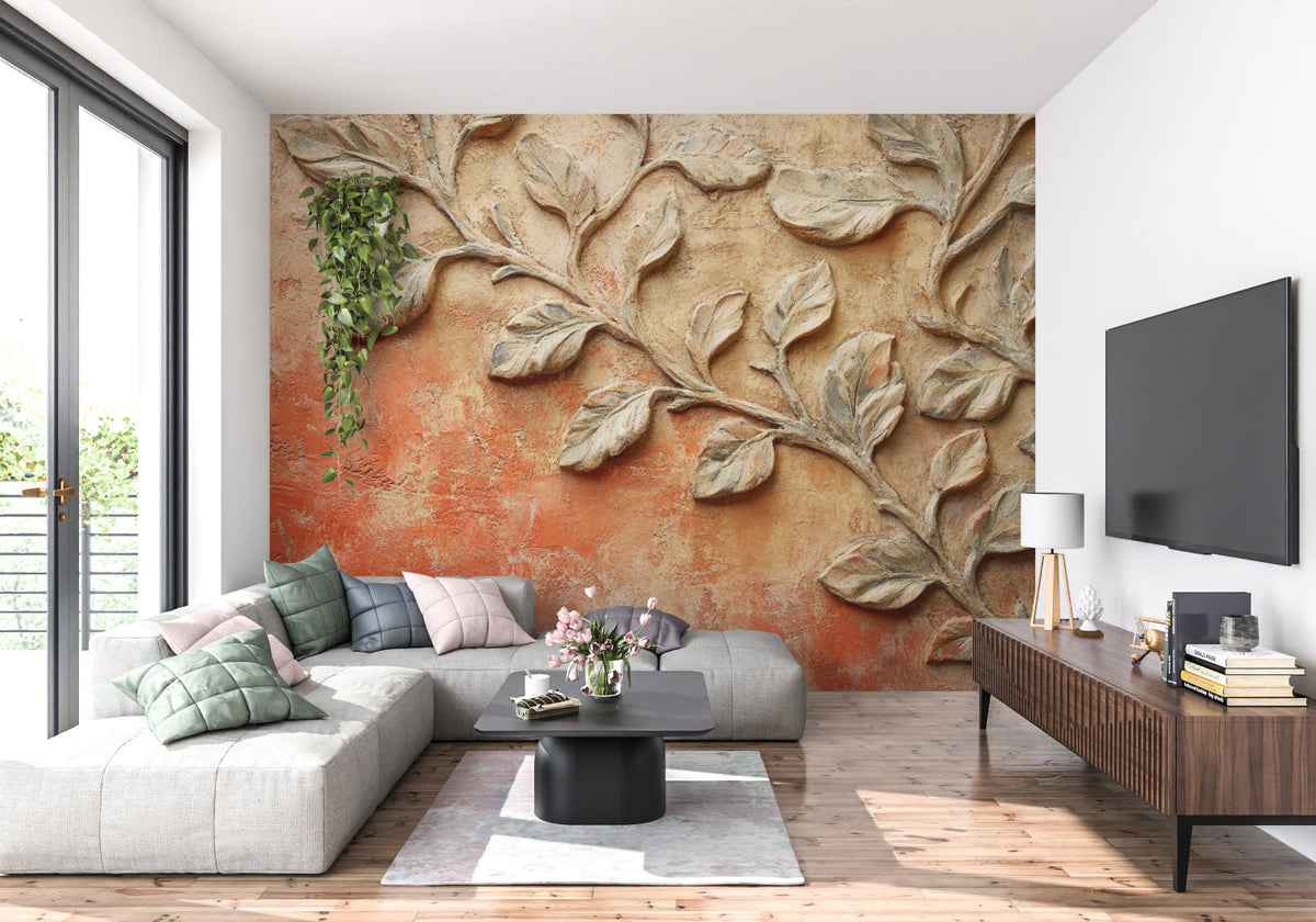 Terracotta relief wall mural creating depth in minimal living room setting