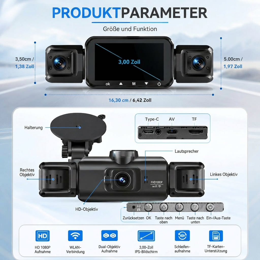 4 Kanal WLAN Dashcam mit Rundumsicht | Front 1920P, 170 Grad Weitwinkel | Nachtsicht, Parküberwachung und App Steuerung