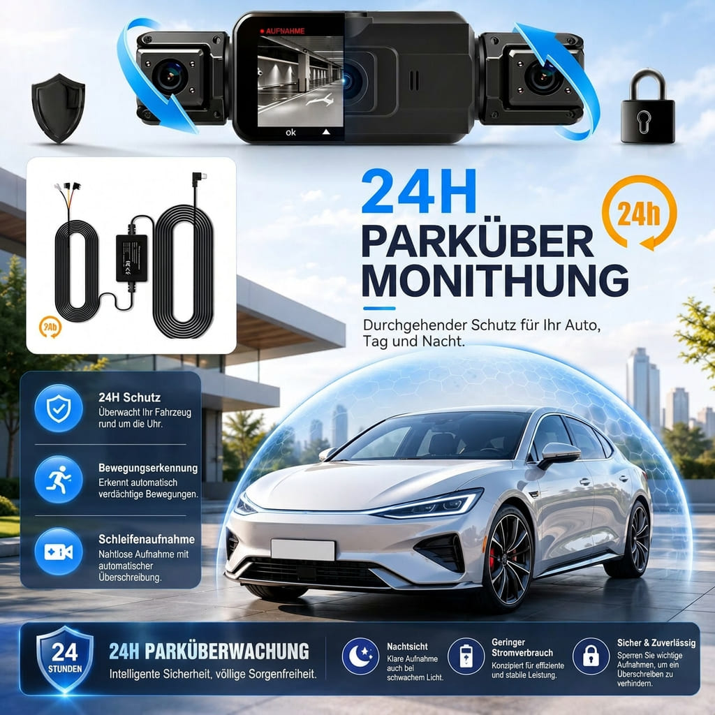 4 Kanal WLAN Dashcam mit Rundumsicht | Front 1920P, 170 Grad Weitwinkel | Nachtsicht, Parküberwachung und App Steuerung