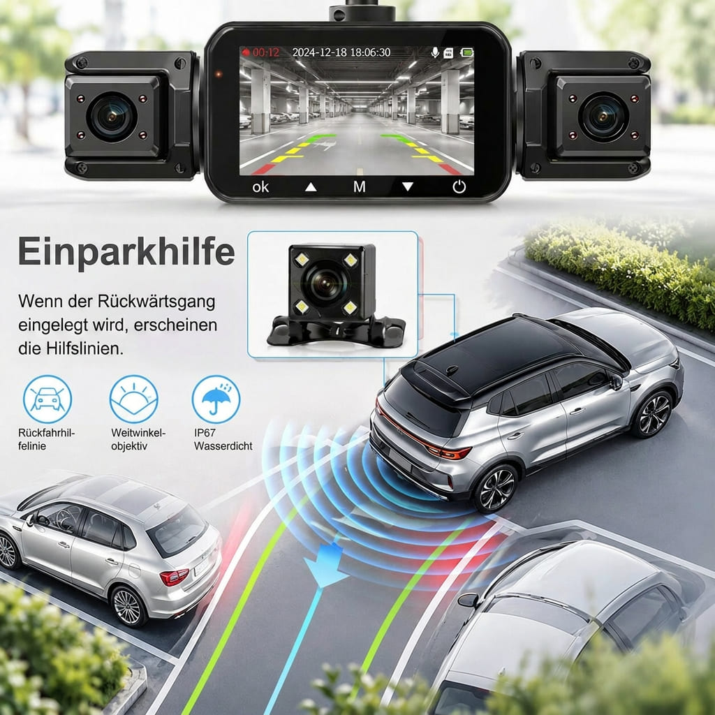4 Kanal WLAN Dashcam mit Rundumsicht | Front 1920P, 170 Grad Weitwinkel | Nachtsicht, Parküberwachung und App Steuerung