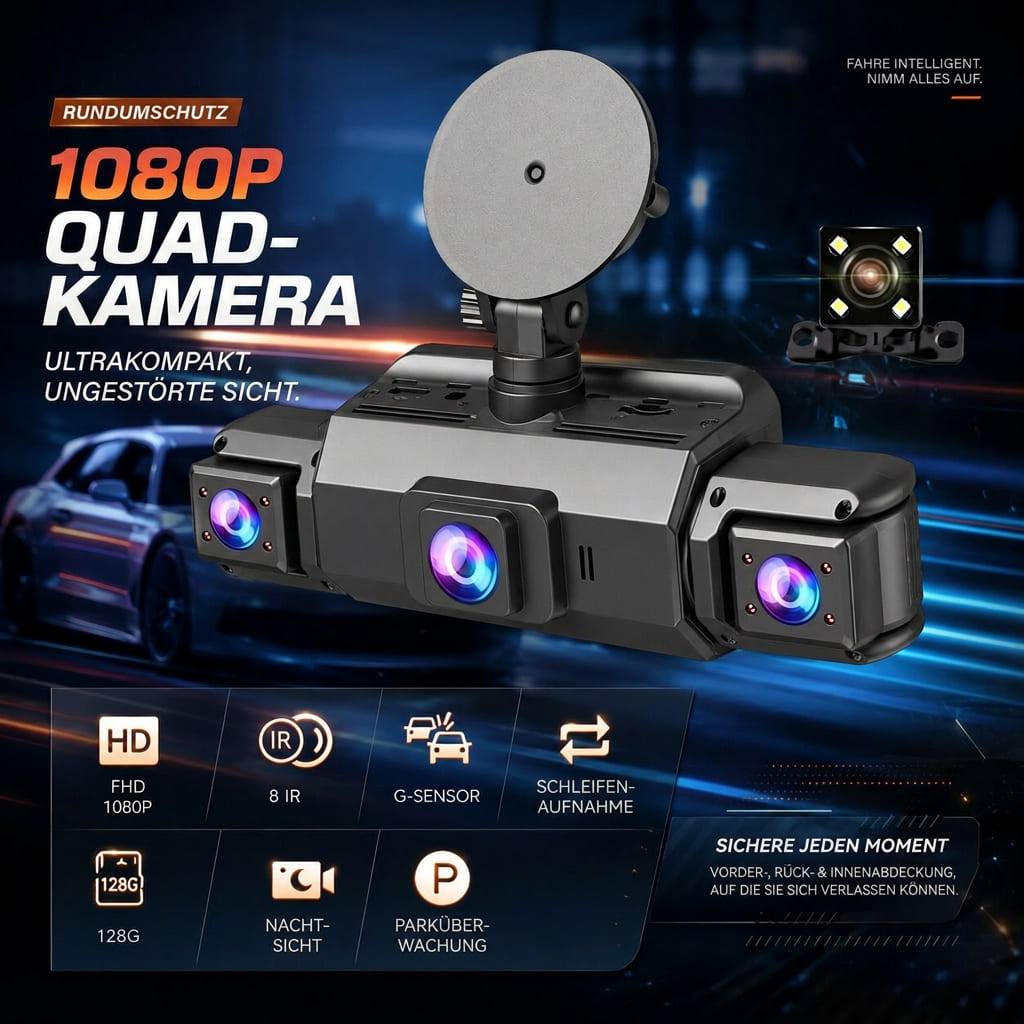 4 Kanal WLAN Dashcam mit Rundumsicht | Front 1920P, 170 Grad Weitwinkel | Nachtsicht, Parküberwachung und App Steuerung
