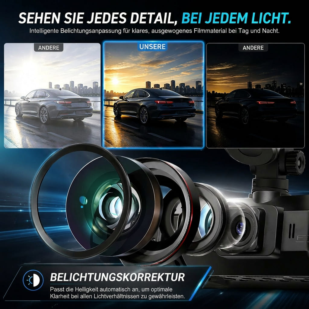 4 Kanal WLAN Dashcam mit Rundumsicht | Front 1920P, 170 Grad Weitwinkel | Nachtsicht, Parküberwachung und App Steuerung