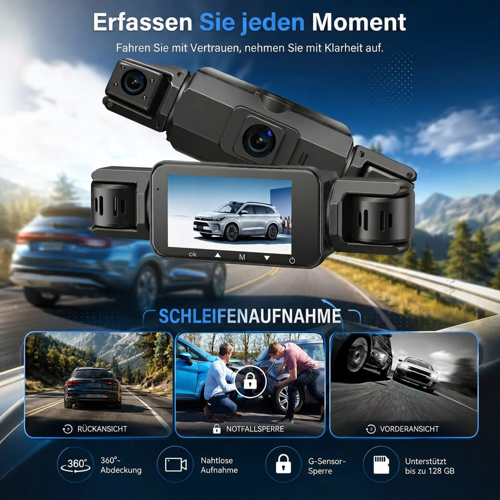 4 Kanal WLAN Dashcam mit Rundumsicht | Front 1920P, 170 Grad Weitwinkel | Nachtsicht, Parküberwachung und App Steuerung