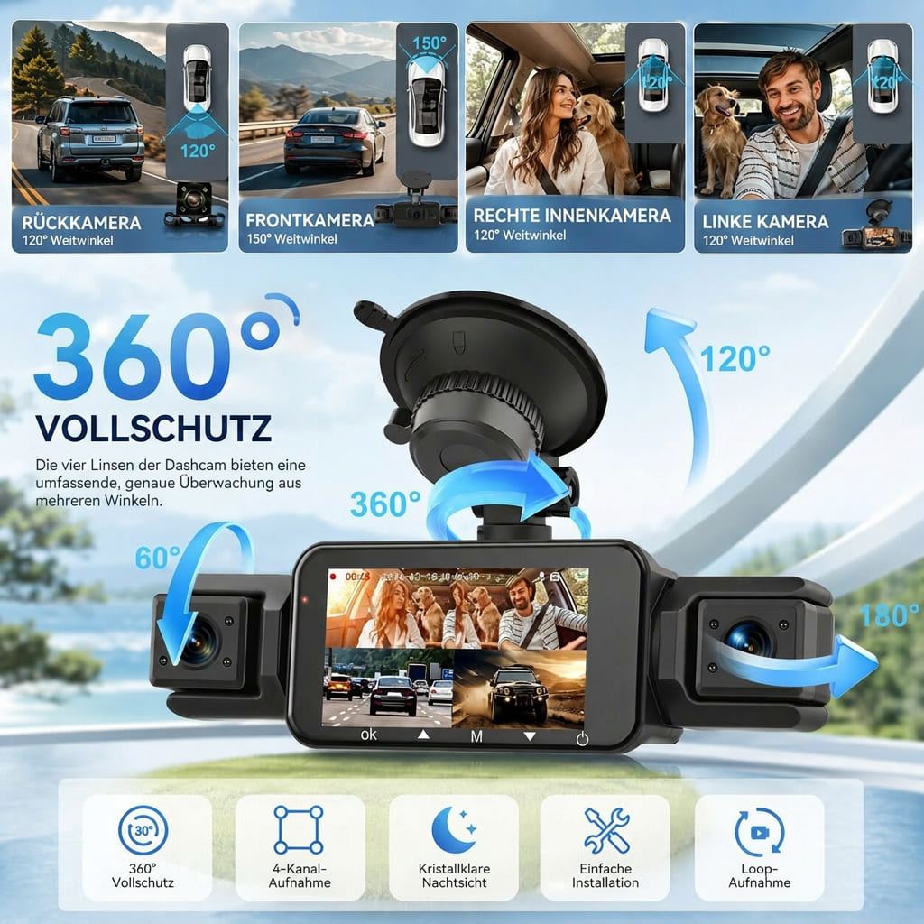 4 Kanal WLAN Dashcam mit Rundumsicht | Front 1920P, 170 Grad Weitwinkel | Nachtsicht, Parküberwachung und App Steuerung