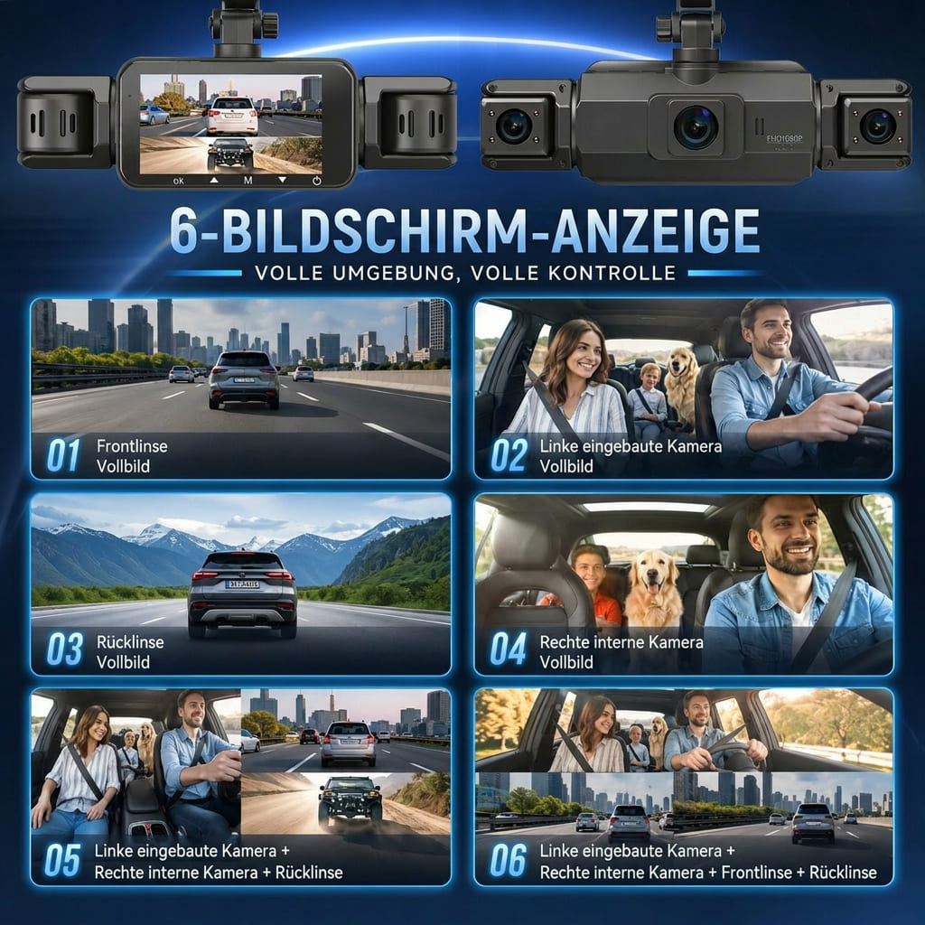 4 Kanal WLAN Dashcam mit Rundumsicht | Front 1920P, 170 Grad Weitwinkel | Nachtsicht, Parküberwachung und App Steuerung