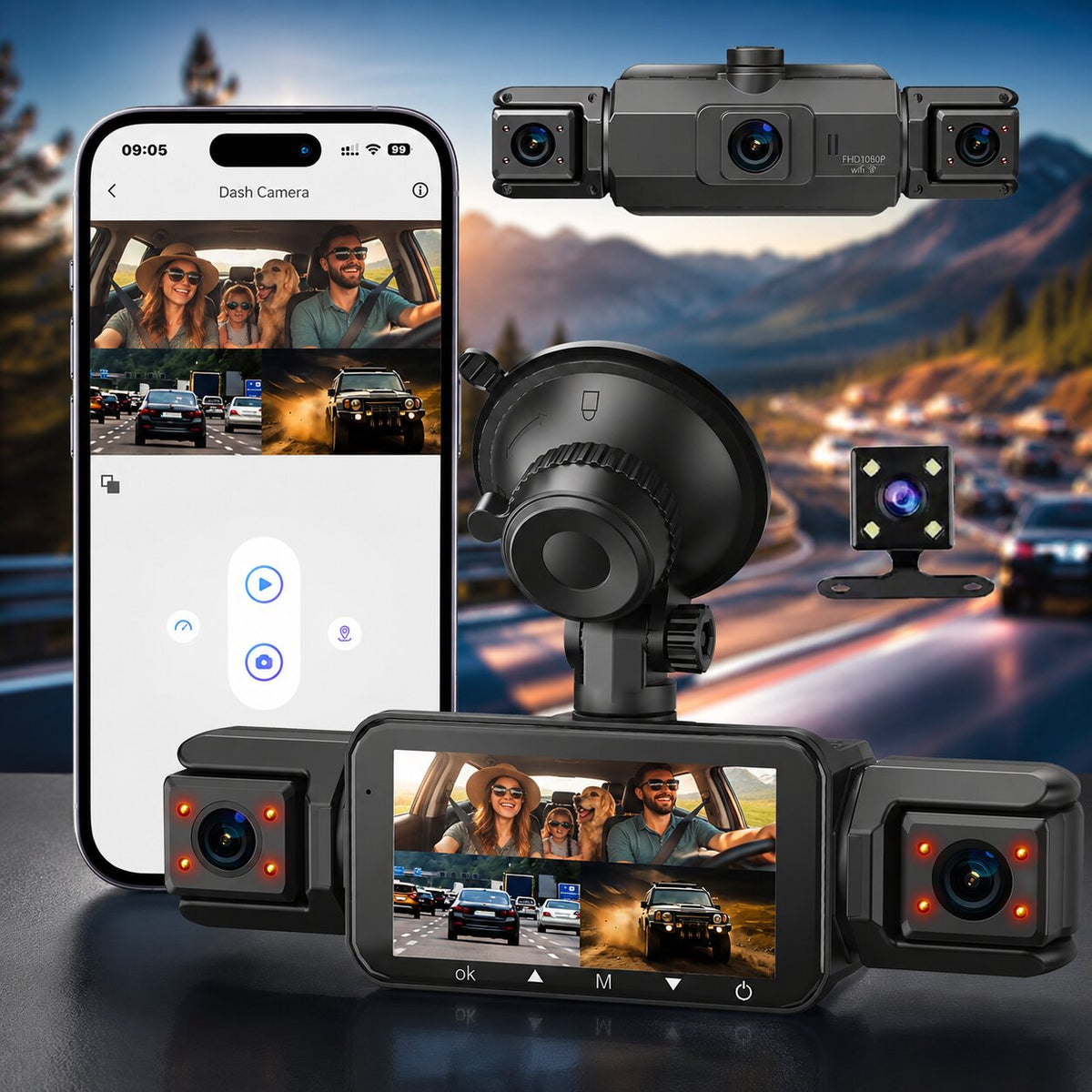 4 Kanal WLAN Dashcam mit Rundumsicht | Front 1920P, 170 Grad Weitwinkel | Nachtsicht, Parküberwachung und App Steuerung