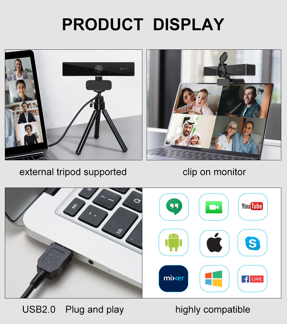 4K Ultra HD Webcam mit CMOS-Sensor | 8 Megapixel, 7-Schicht-Glaslinse | Autofokus und Lichtkorrektur für Streaming