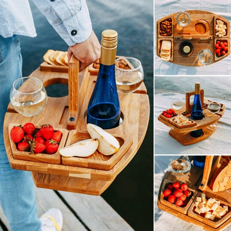 Tavolo da picnic con vino all’aperto | Spazio per una bottiglia, 2 bicchieri e snack | Portatile | VinoPicnic