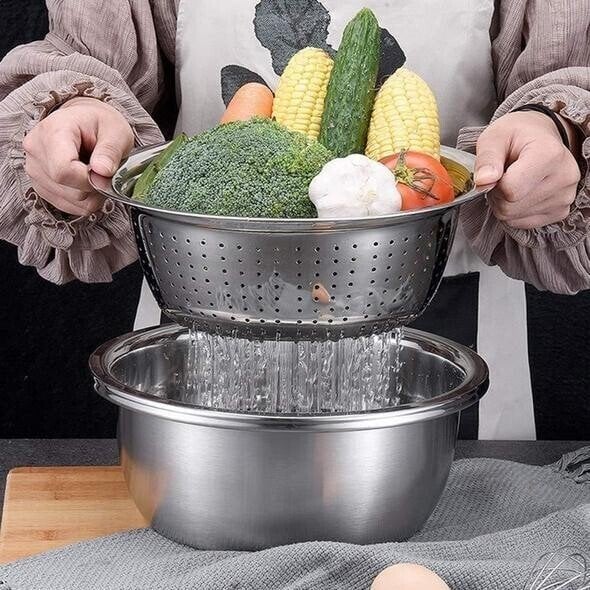 Rührschüssel Set Edelstahl | 3-in-1 mit Reibe und Sieb | Platzsparend Stapelbar, Rostfrei, Ideal für Salate und Gemüse 13