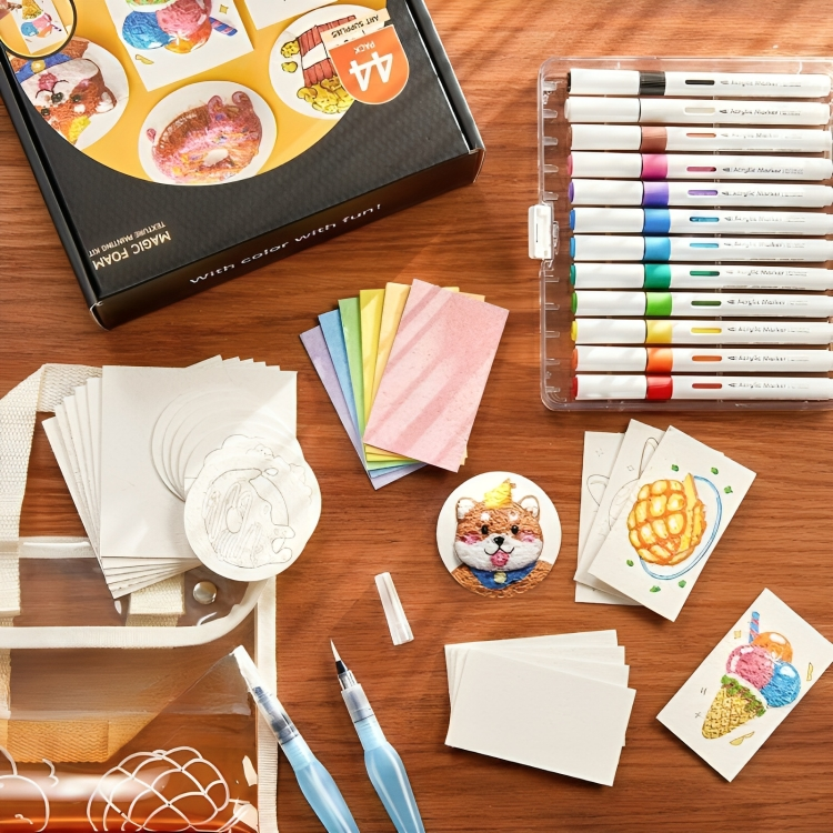 Conjunto de pintura com estrutura de espuma mágica 3D | com tintas, pincéis e modelos | Artesanato limpo | PuffArt