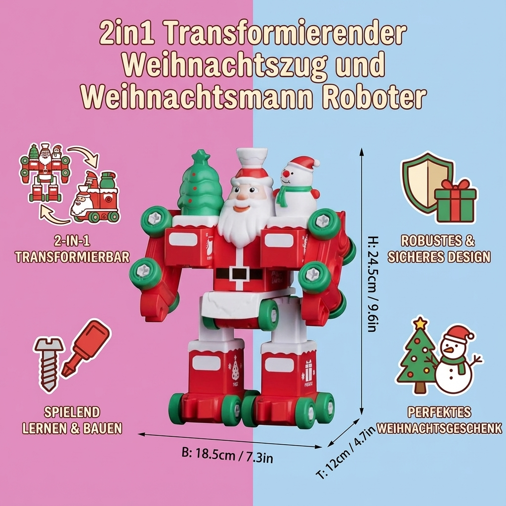 Transformierender Weihnachtszug Roboter | 2in1 Verwandlung ohne Werkzeug | Leuchtende Weihnachtsdetails für Kinder 6