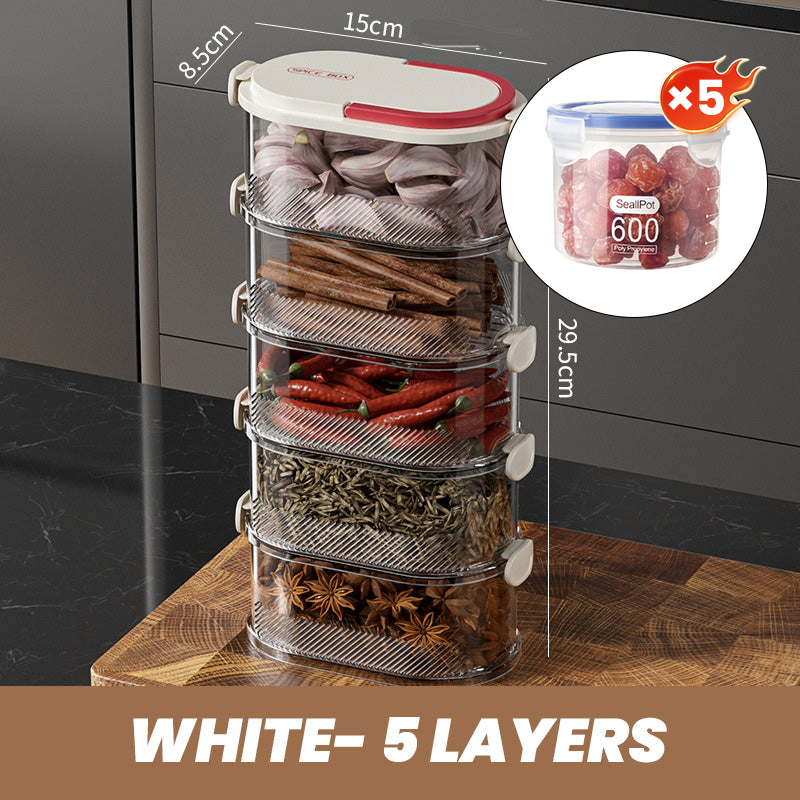 Gewürzbox mehrstufig aus PET & ABS | Luftdichter Verschluss, Knopfdruck-Zugriff | Platzsparende Ordnung in der Küche 10