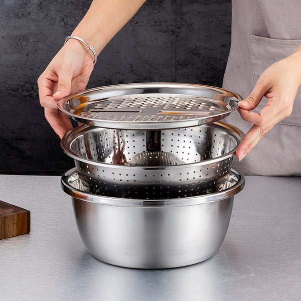 Rührschüssel Set Edelstahl | 3-in-1 mit Reibe und Sieb | Platzsparend Stapelbar, Rostfrei, Ideal für Salate und Gemüse 15
