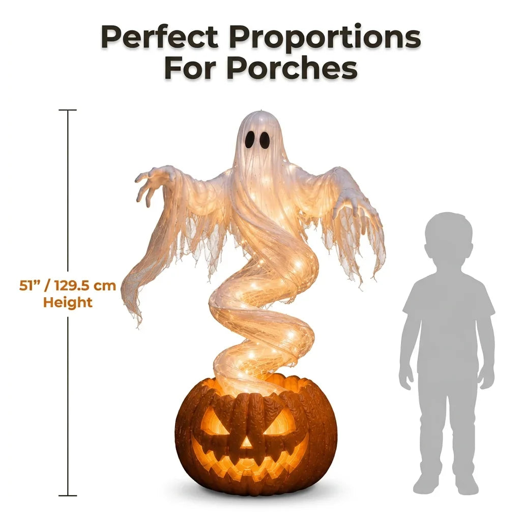 Beleuchtete Geisterfigur mit Kürbis Halloween | Warmweißes Licht im Spiralrahmen | Deko für Eingang und Garten 4