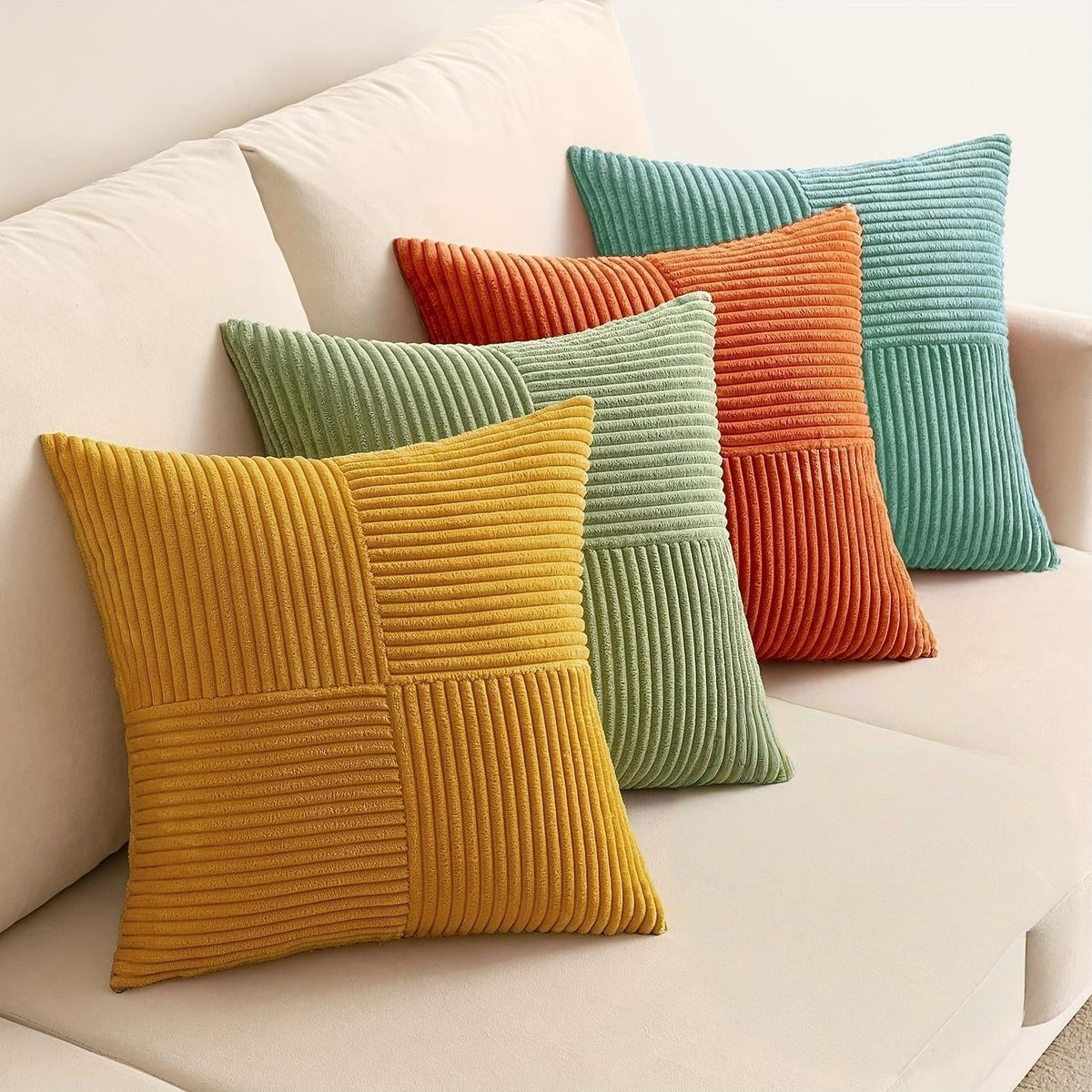 Kissenbezüge Cord 46x46 cm im 4er-Set | Boho-Stil, gerippte Textur | Verdeckter Reißverschluss, pflegeleichtes Polyester 3