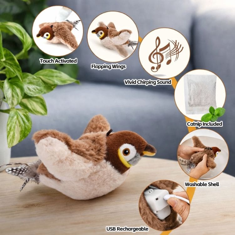 Interaktives Katzenspielzeug mit Vogelgeräuschen | USB-Aufladbar per Touch-Sensor | Fördert Jagdinstinkt und Bewegungsdrang 5