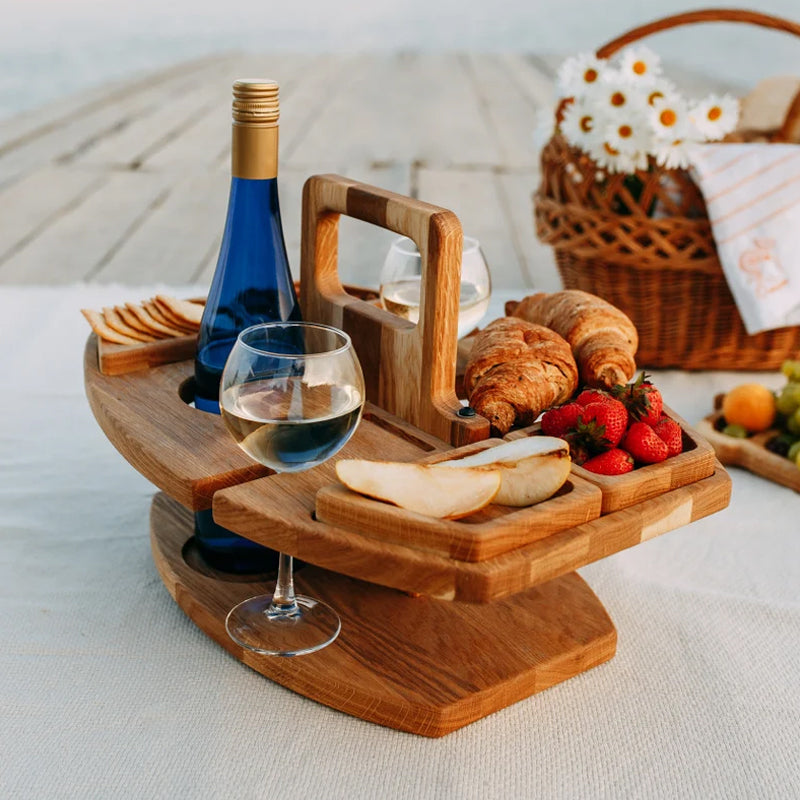 Tavolo da picnic con vino all’aperto | Spazio per una bottiglia, 2 bicchieri e snack | Portatile | VinoPicnic