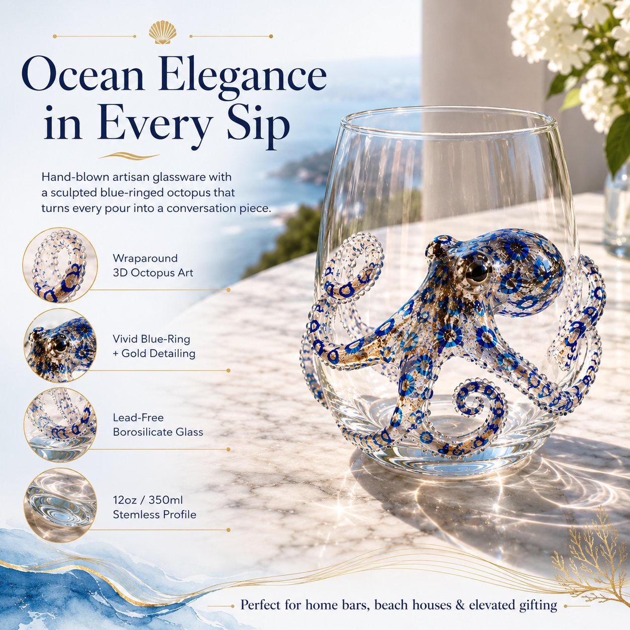Artisanat animalier océanique en 3D | Verre à boire orné de créatures marines | Élément décoratif maritime | OceanCraft