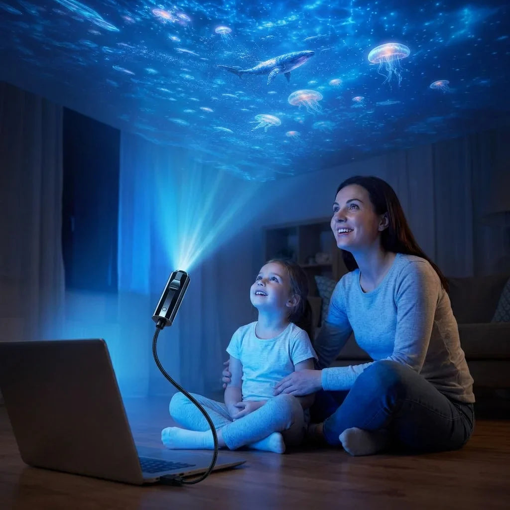 LED Sternenprojektor mit 10 Projektionsfolien | 360° drehbarer Projektionskopf | Sterne, Galaxie & Ozean an der Decke 11