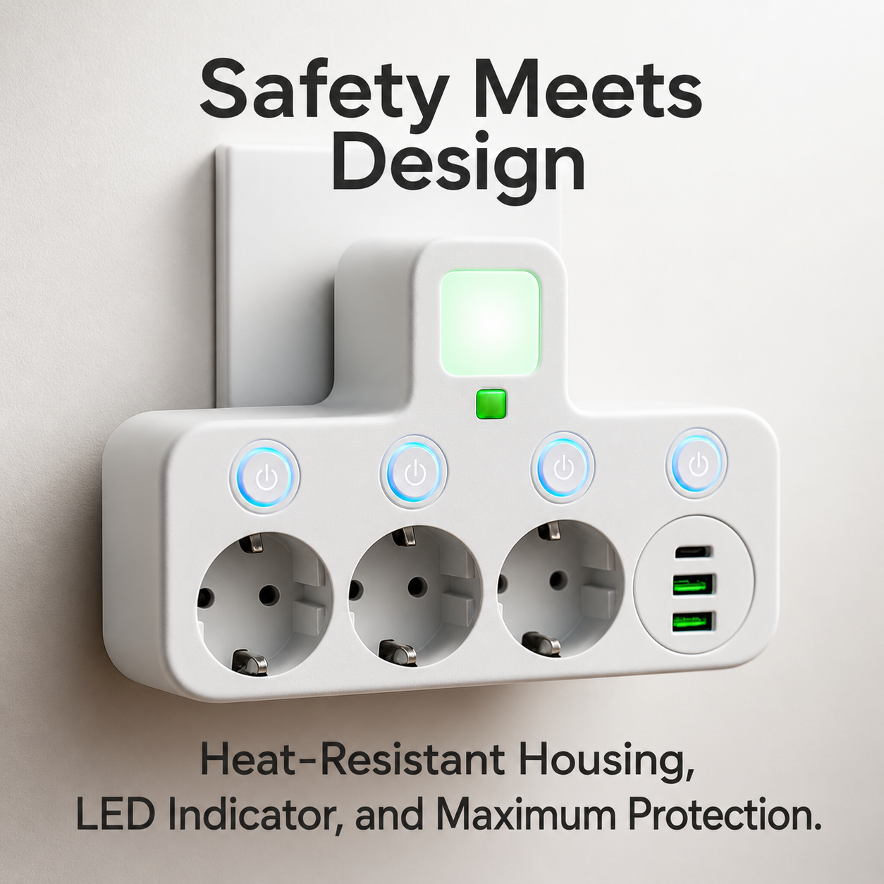 7-in-1-Steckdosenleiste mit 3 Steckdosen | 2 USB & Typ-C | Einzeln Schaltbar mit LED| PowerGrid