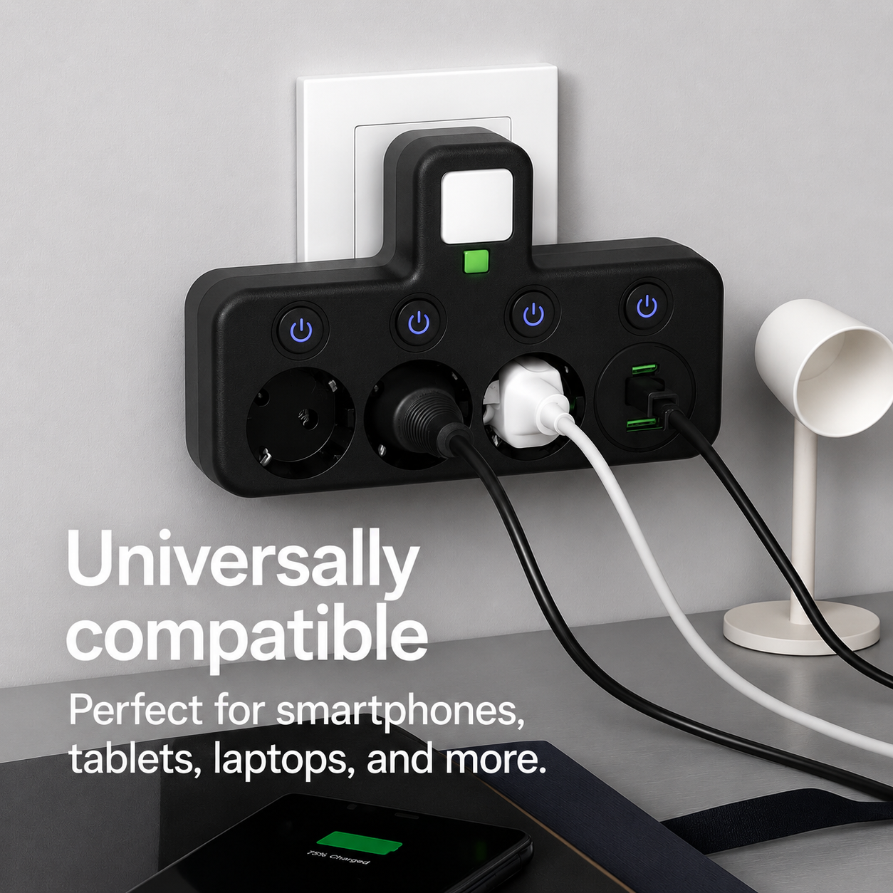 7-in-1-Steckdosenleiste mit 3 Steckdosen | 2 USB & Typ-C | Einzeln Schaltbar mit LED| PowerGrid