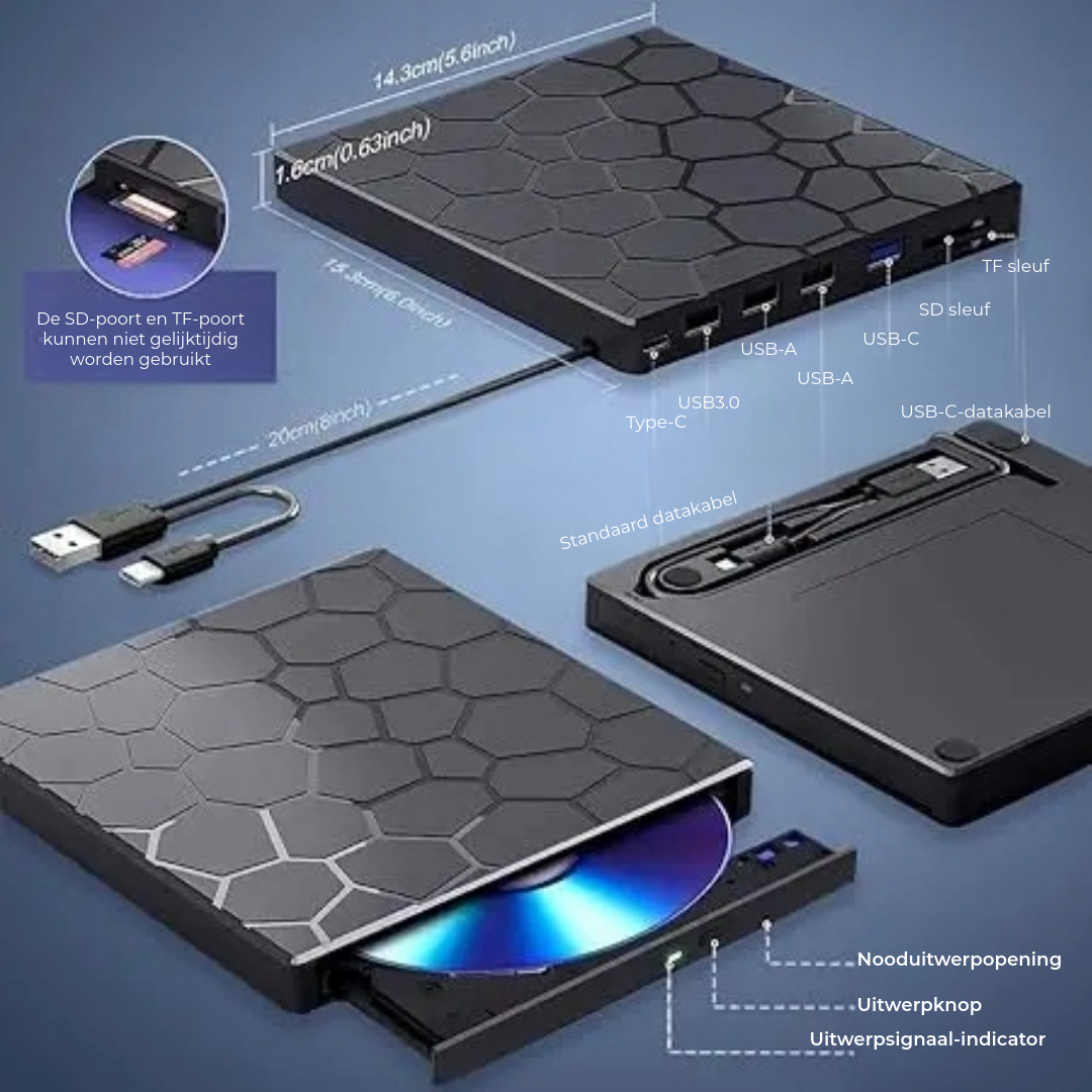 7-in-1 Tragbares Externes CD/DVD-Laufwerk | 8-Port-Hub und SD-Kartenleser | RetroRevive