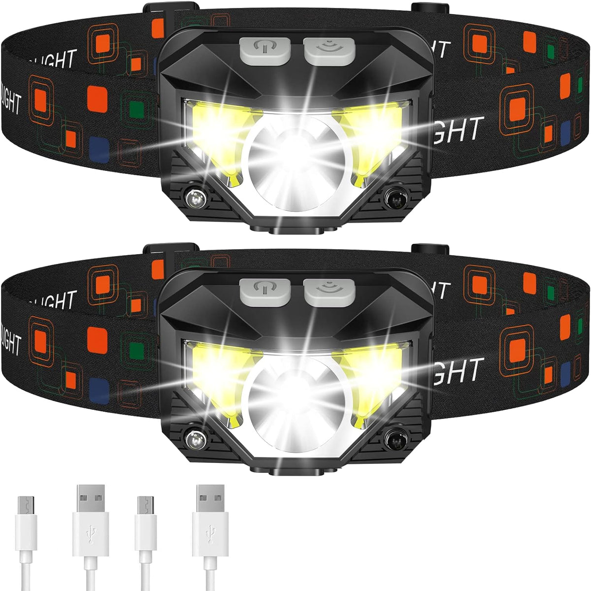 LED Stirnlampe Wiederaufladbar 2er-Pack | 1200 Lumen, 8 Lichtmodi, 300 m Reichweite | Bewegungssensor & IPX4 Wasserdicht 1