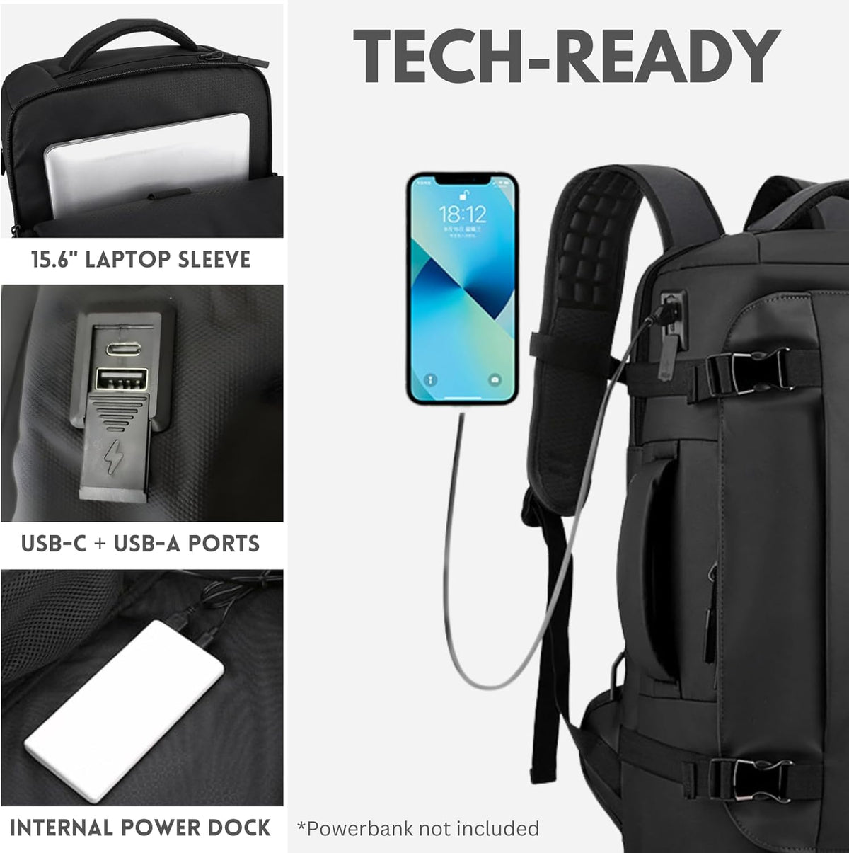 Wasserdichter Laptop-Rucksack 15,6 Zoll mit 270°-Seitenöffnung | Schwarz, Blau, Grau | USB-C-Anschluss, diebstahlsicher 7